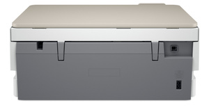HP Envy Photo 7230 Printer, back exterior, grey colour, brown top cover, lid hinges, colour status window on left, paper tray at centre, printer cable port at upper right and AC power connector at lower right
