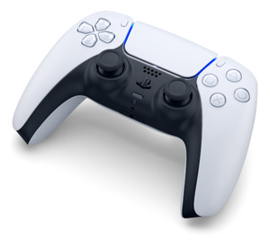 Bovenkant, schuin aanzicht van Sony-controller, pijltoetsen links, actieknoppen rechts, joysticks links en rechts, Playstation-logo, luidspreker in het midden, en microfoon-indicator