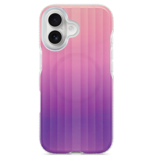 Tech21 FlexQuartz Case for iPhone 17, back exterior, pink to purple gradient colour, cutout for camera and flash