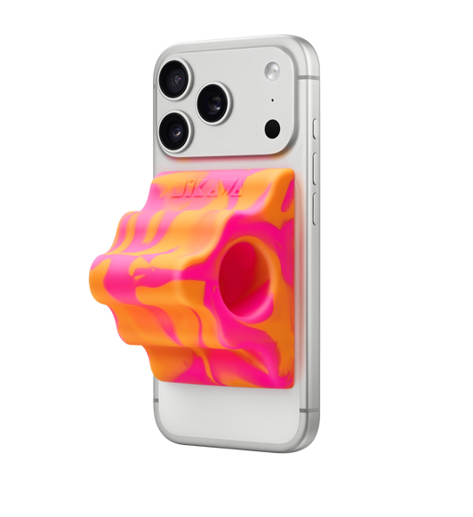 Bailey Hikawa-telefoonhouder en -standaard met MagSafe, achterkant, roze kleur (lichtroze en warm oranje), bevestigd aan de achterkant van een iPhone, geribbeld design, gat in het midden, Hikawa in reliëf bovenaan