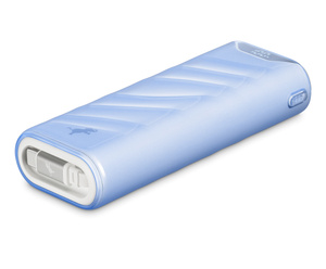 Nimble Champ Stretch 10K Charger, angled side exterior, blue colour, retractable USB‑C cable at bottom, power switch at tope of rounded side