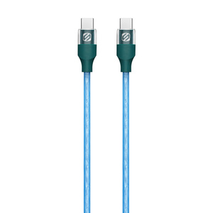 Scosche StrikeLine Cable, blue color, USB-C connector on each end, Scosche logo on both ends