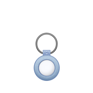 mophie knit AirTag Puck, back exterior, blue color, keyring attached at top, AirTag installed,