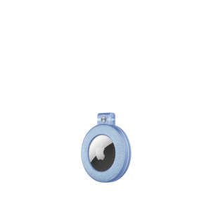 mophie knit AirTag Puck, side exterior, blue color, AirTag installed,