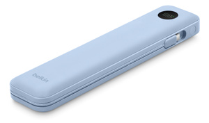 Belkin UltraCharge Pro 20K Power Bank, top exterior, blue color, rounded corners, integrated USB-C cable wrapped around side and bottom edge