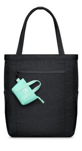 Herschel AirPods Tote Charm attached via black keyring to a black bag
