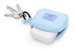 Herschel Cloudform AirPods Charm, top exterior, blue fabric colour, open, with AirPods case tucked half-way in, blue zip pull on left, black metal keyring with attached keys