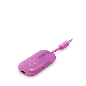 Twelve South Airfly Pro 2 Bluetooth Transmitter, top and side exterior, pink colour, 3.5mm plug at top, USB‑C port at bottom
