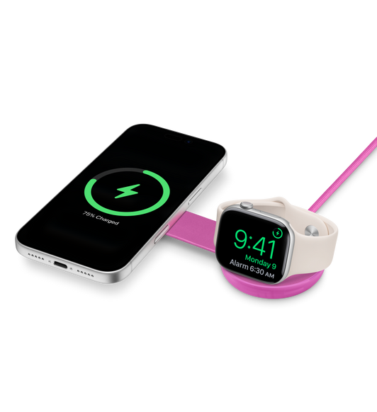 Twelve South Qi2 ButterFly 2‑in‑1 Travel Charger, pink color, opened flat, iPhone and Apple Watch charging simultaneously