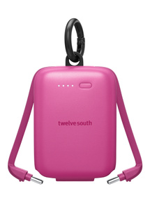Twelve South Power Clip, front exterior, pink color, rounded corners, four LED power indicators at left, Twelve South logo at center, integrated USB-C cables extended at either side