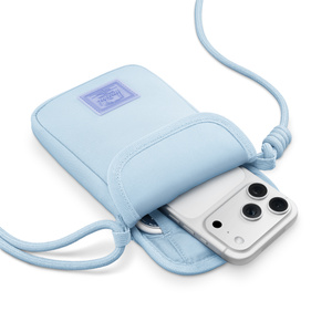 Herschel Cloudform Crossbody Bag for iPhone, top exterior, blue color, zipper enclosure opened, iPhone slid into padded pouch