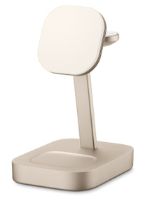 Mophie 4‑in‑1 Wireless Charge Stand, front exterior, champagne colour, bottom exterior surface for AirPods case, top exterior surface for iPhone, rear exterior surface for Apple Watch