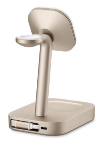 Mophie 4‑in‑1 Wireless Charge Stand, back exterior, champagne colour, surfaces for AirPods case, iPhone, Apple Watch, USB‑C port, USB‑C cable in base