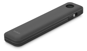 Belkin UltraCharge Pro 20K Power Bank, top exterior, black colour, rounded corners, integrated USB‑C cable wrapped around side and bottom edge