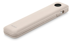 Belkin UltraCharge Pro 20K Power Bank, top exterior, sand color, rounded corners, integrated USB-C cable wrapped around side and bottom edge