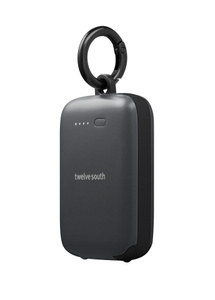 Twelve South Power Clip Battery, front exterior, black colour, rounded corners, four LED power indicators on left, power button on right, Twelve South logo at centre