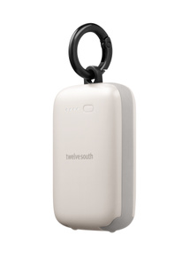 Twelve South Power Clip Battery, front exterior, white color, rounded corners, four LED power indicators at left, power button at right, Twelve South logo at center
