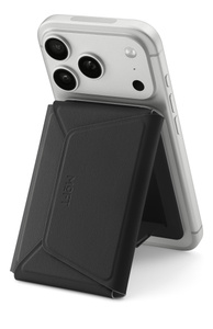 MoFt Snapfield MagSafe Wallet Stand, back and side exterior, black color, unfolded, attached to iPhone in portrait orientation