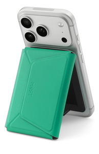 MoFt Snapfield MagSafe Wallet Stand, back and side exterior, green color, unfolded, attached to iPhone in portrait orientation