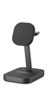 둥근 모서리의 블랙 색상 Mophie 3-in-1 Wireless Charge Stand 앞면. 아래쪽의 베이스 패드, 위쪽의 중앙 마운트, 역시 위쪽의 후면 암까지 총 세 군데의 충전 구역이 있습니다.