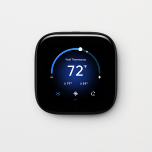 Aqara Thermostat Hub W200, black color, rounded corners, front exterior, full-screen display, icons at bottom, centered text reads: 72 degrees