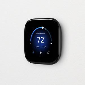 Aqara Thermostat Hub W200, black color, rounded corners, front and side exterior, wall mounted, full-screen display