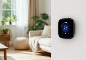 Aqara Thermostat Hub W200, black color, wall mounted, living room in background, sofa and tables