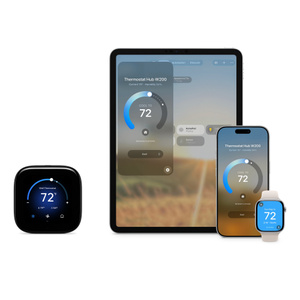 Aqara Thermostat Hub W200 and Apple Products: iPad, iPhone, and Apple Watch display home app with thermostat controls
