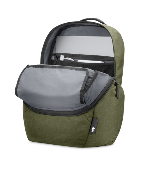 Aer Go Pack 2, front exterior, unzipped open, flap folded down, MacBook stored in rear pocket, USB-C cable coiled into interior pouch