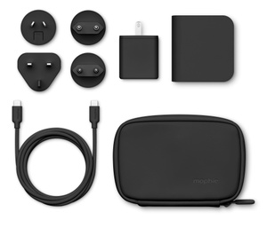 Kit contents, included adapters at upper left, USB-C cable at lower left, wall plug and 3-in-1 charger at upper right, premium travel case at lower right