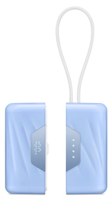 Nimble SharePower 10K Battery Pack, front exterior, blue color, lanyard at top, battery packs separated, text reads: 100% on unit at left, 4 LED indicators lit on unit at right