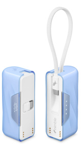 Nimble SharePower 10K Battery Pack, front exterior, blue color, battery packs separated, USB-C lanyard atop unit at right, USB-C connector folded into unit at left, Nimble logo at bottom