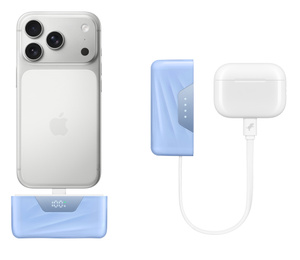 Nimble SharePower 10K Battery Pack, unit at left plugged into base of iPhone, unit at right connected by integrated cable to AirPods case