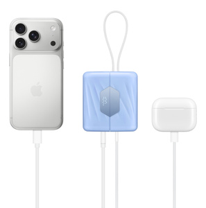 Nimble SharePower 10K Battery Pack at center, lanyard at top, powering iPhone at left and AirPods case at right.