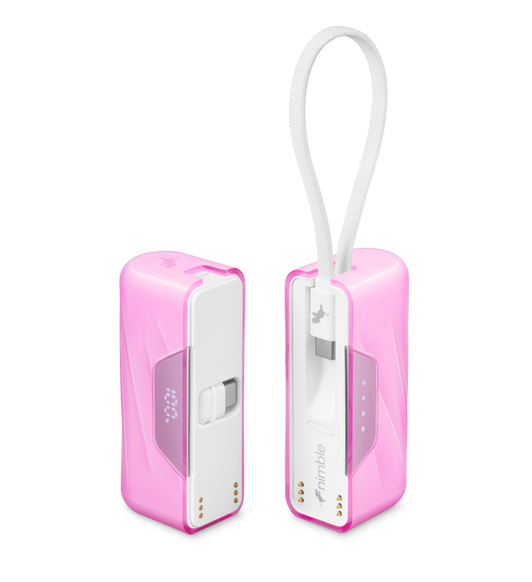 Nimble SharePower 10K Battery Pack, front exterior, pink color, battery packs separated, USB-C lanyard atop unit at right, USB-C connector folded into unit at left, Nimble logo at bottom
