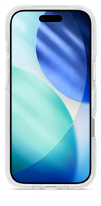 iPhone 上的 Tech21 FlexLite 保護殼正面外觀，展示凸起的外側螢幕邊框、相機控制開口，以及音量按鈕與動作按鈕保護蓋；螢幕顯示 iOS 鎖定畫面