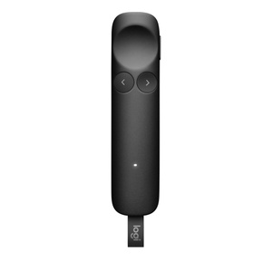 Logitech Spotlight 2 Presentation Remote, top exterior, gray color, highlight button at top, back and next buttons below, LED indicator at bottom center, LogiBolt USB-C receiver stored at bottom