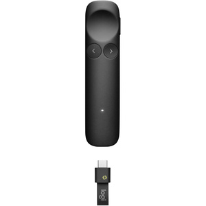 Logitech Spotlight 2 Presentation Remote, top exterior, gray color, color-matching USB-C receiver inserted at bottom with logo on pull tab
