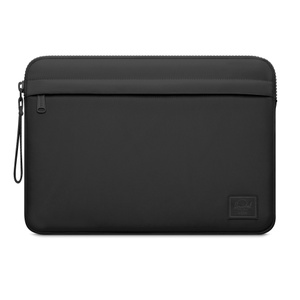 Herschel Cloudform Sleeve for Mac, front exterior, black color, zipper enclosure, top-front storm flap, left-side zipper with attached pull, Herschel logo at lower-right corner