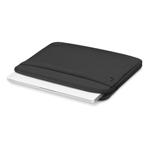 Herschel Cloudform Sleeve, top exterior, black color, top enclosure unzipped, MacBook partially inserted