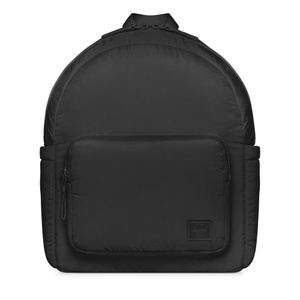 Herschel Cloudform Backpack XL, front exterior, black color, horizontal zipper pouch, black zippered closure, handle at top, Herschel logo at lower right