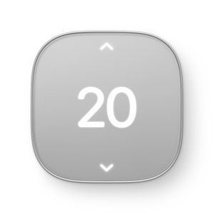 Schneider Home Smart Thermostat, matter silver color (light silvery gray), front exterior, square shape, rounded corners, illuminated up and down controls