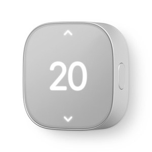 Schneider Home Smart Thermostat, matter silver color (light silvery gray), front exterior, square shape, rounded corners, illuminated up and down controls. Side exterior, oval-shaped button