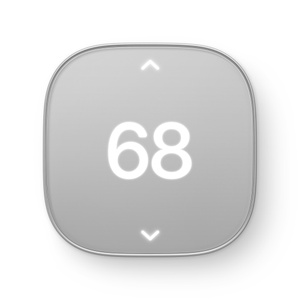Schneider Home Smart Thermostat, matter silver color (light silvery gray), front exterior, square shape, rounded corners, illuminated up and down controls