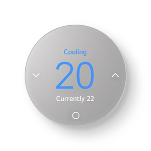 LG Smart Thermostat, front exterior, circular gray color touch display. On screen: current and target temperatures. Touch controls: down chevron, up chevron, circle icon