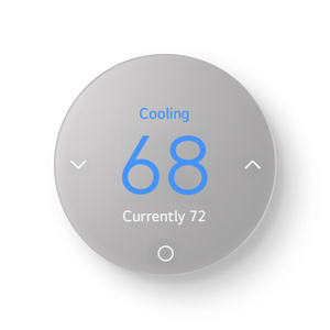 LG Smart Thermostat, front exterior, circular gray color touch display. On screen: current and target temperatures. Touch controls: down chevron, up chevron, circle icon
