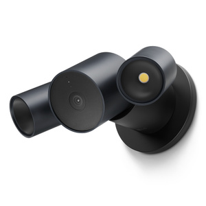LG Floodlight Cam, graphite colour (dark grey), central cylindrical camera, two cylindrical floodlights connected on left and right of camera, angled down. Short arm connects camera to circular wall mount in black colour