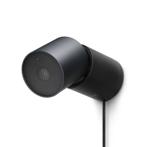 LG Outdoor Cam Plug-in, side exterior, graphite color, horizontal cylindrical body, centered camera lens angled down