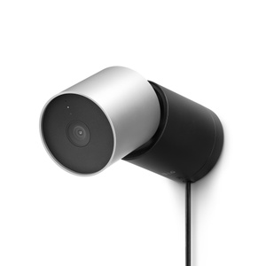 LG Outdoor Cam Plug-in, side exterior, silver color, horizontal cylindrical body, centered camera lens angled down