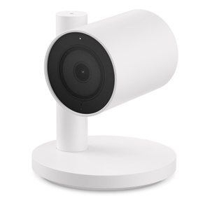 LG Indoor Cam Plug-in, white color, circular base, vertical cylindrical arm, circular camera head, centered lens, horizontal orientation pointing to the left